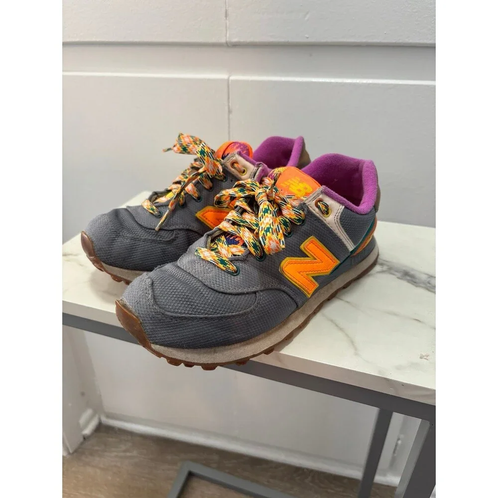 New Balance 574 Grey Orange Sneakers Mens Size 7.5 Athletic Running Shoes